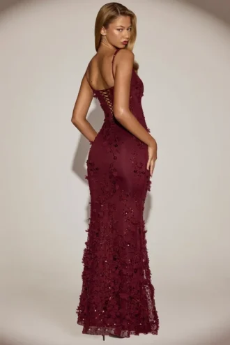 Vasanta Embellished Appliqué Soft-Scoop Corset Gown i vinrött