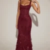 Vasanta Embellished Appliqué Soft-Scoop Corset Gown i vinrött