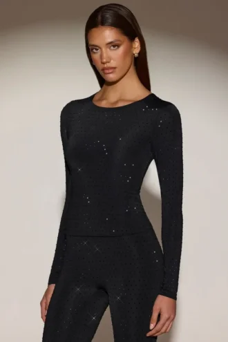 Venia Embellished Crew-Neck Long-Sleeve Top i svart
