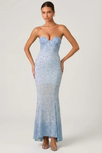 Vesna Embellished Sweetheart-Neck Fishtail Gown i himmelsblått