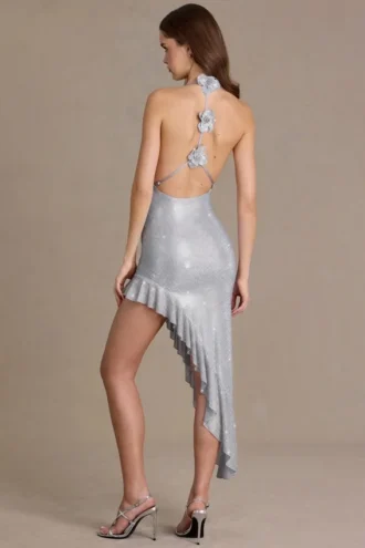 Vivienne Premium Embellished Plunge Asymmetric Maxi Klänning i silver