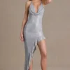 Vivienne Premium Embellished Plunge Asymmetric Maxi Klänning i silver