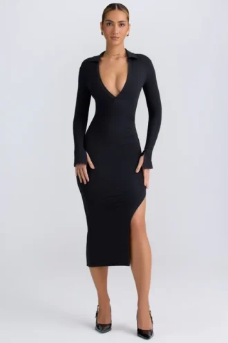 Yael Modal Plunge V-Neck Midaxi Klänning i svart