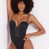 Yelda Satin Plunge Neck Lace Up Corset Bodys i svart