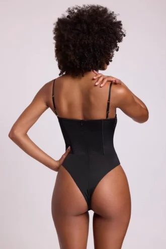 Yelda Satin Plunge Neck Lace Up Corset Bodys i svart