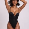 Yelda Satin Plunge Neck Lace Up Corset Bodys i svart