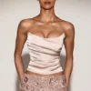 Yulea Satin Draped Lace-Up Corset Top i guld