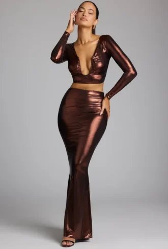 Zahra Mid Rise Metallic Jersey Gown Kjolar i kopparbrons