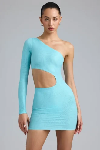 Zanab Metallic Cut-Out One-Shoulder Miniklänning i isblått