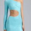 Zanab Metallic Cut-Out One-Shoulder Miniklänning i isblått