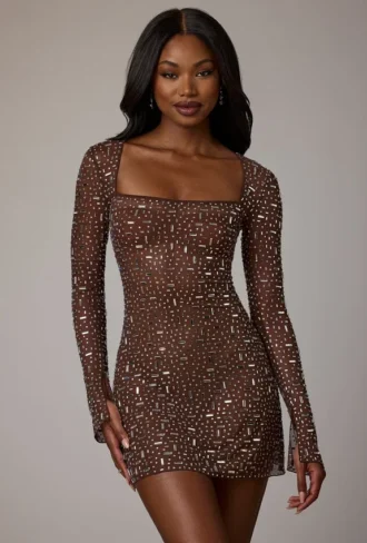 Zeta Sheer Embellished Long Sleeve A-Line Miniklänning i Deep Cocoa