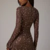 Zeta Sheer Embellished Long Sleeve A-Line Miniklänning i Deep Cocoa