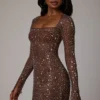 Zeta Sheer Embellished Long Sleeve A-Line Miniklänning i Deep Cocoa