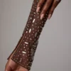 Zeta Sheer Embellished Long Sleeve A-Line Miniklänning i Deep Cocoa