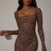 Zeta Sheer Embellished Long Sleeve A-Line Miniklänning i Deep Cocoa