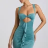 Zivanka Slinky Jersey Cut-Out Ruffle-Trim Miniklänning i havsgrönt
