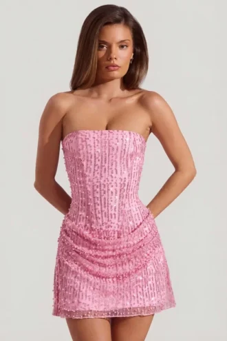 Ziya Embellished Draped Strapless A-Line Miniklänning i rosa