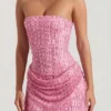 Ziya Embellished Draped Strapless A-Line Miniklänning i rosa